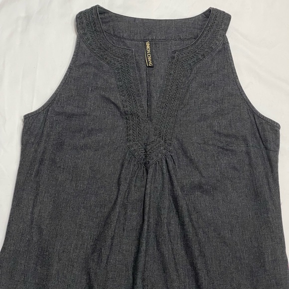 Simon Chang Linen Blend Embroidered Midi Dress With Pockets Grey Size Medium - Picture 3 of 7